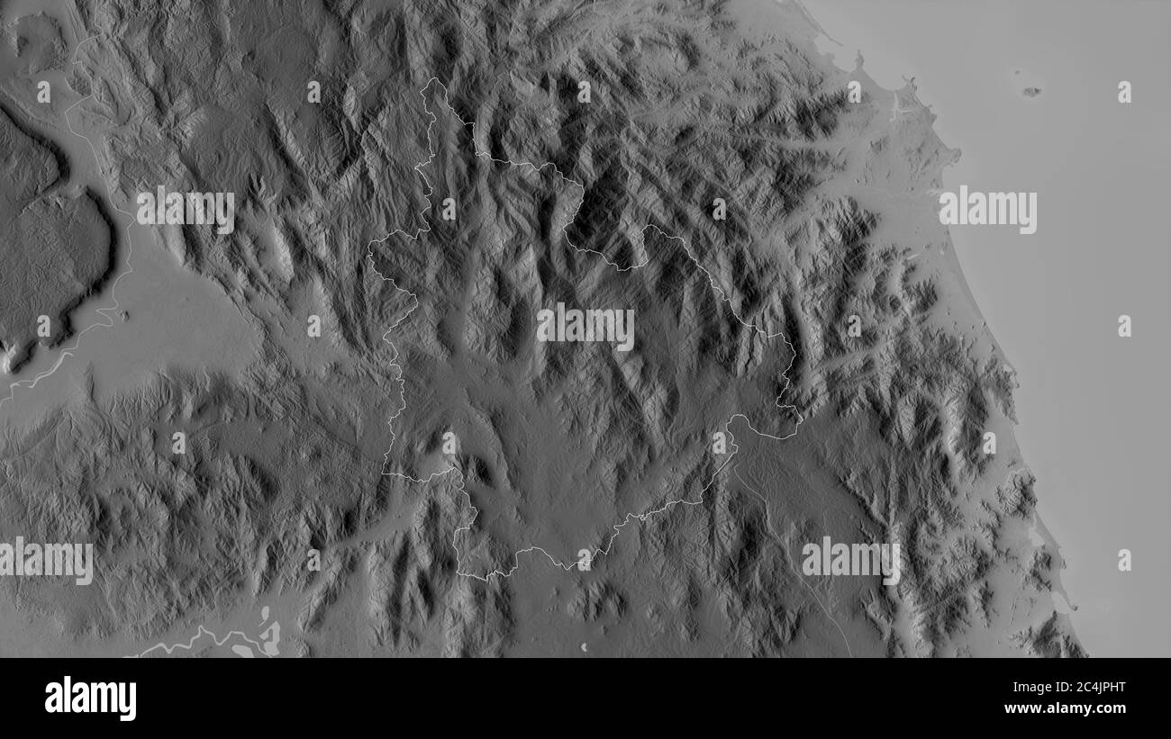 Kon Tum, province of Vietnam. Grayscaled map with lakes and rivers. Shape outlined against its country area. 3D rendering Stock Photo