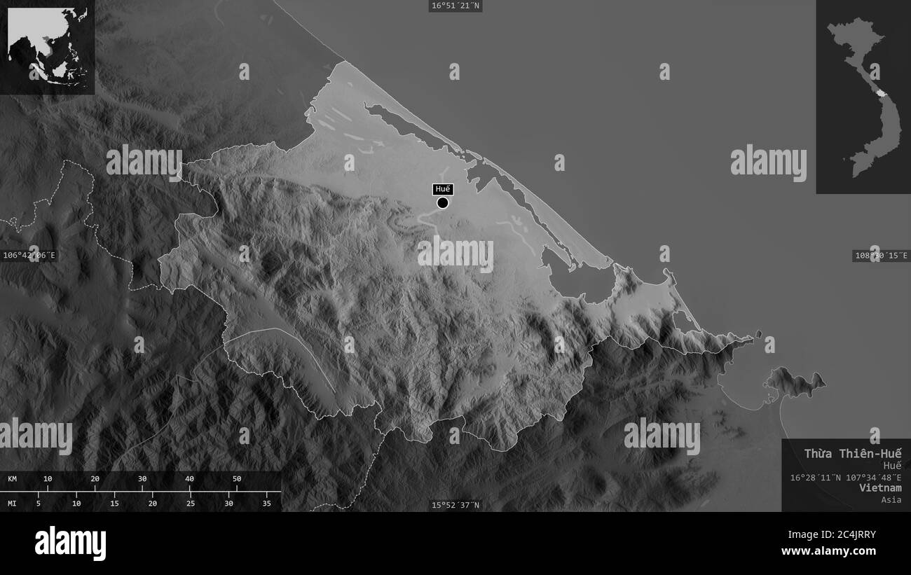 Thh Map Thừa Thiên-Huế, province of Vietnam. Grayscaled map with lakes and ...