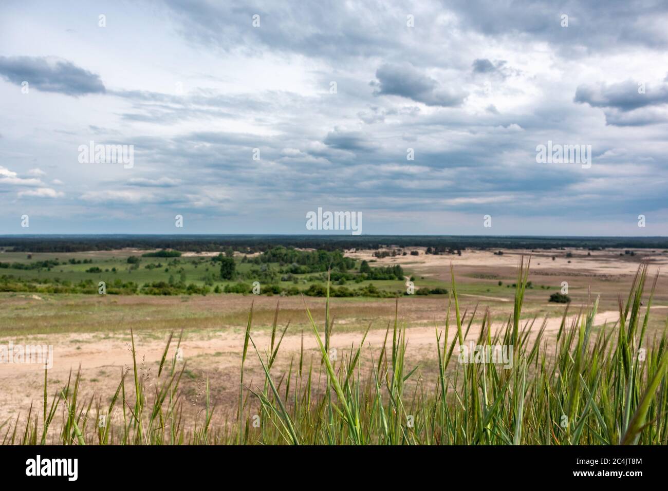 Green vivid grass with grey dramatic sky. Kitsevka desert hilly sands in Ukraine, Kharkiv region landscape Stock Photo
