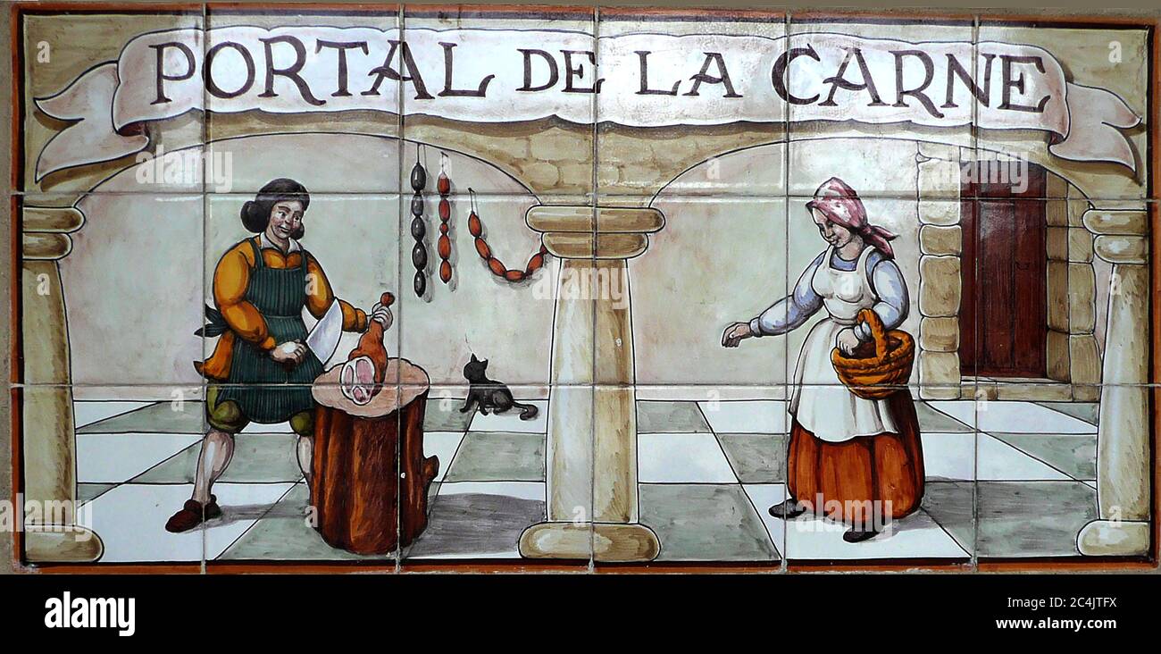 A restored medieval shop sign from a butcher's shop at Trujillo, Spain (2009 photo).Much of the town was  built or enriched by the conquistadors born in the city. These include, the conquerors of Peru, Francisco Pizarro and his brothers, Francisco de Orellana and Hernando de Alarcón Stock Photo