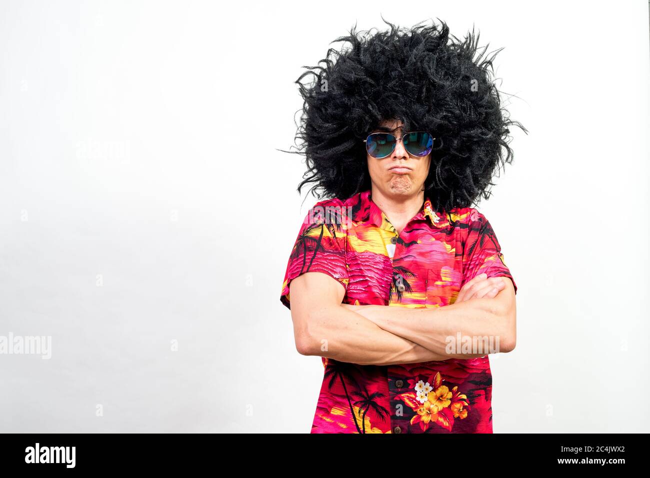 afro wig, sunglasses and Hawaiian shirt 