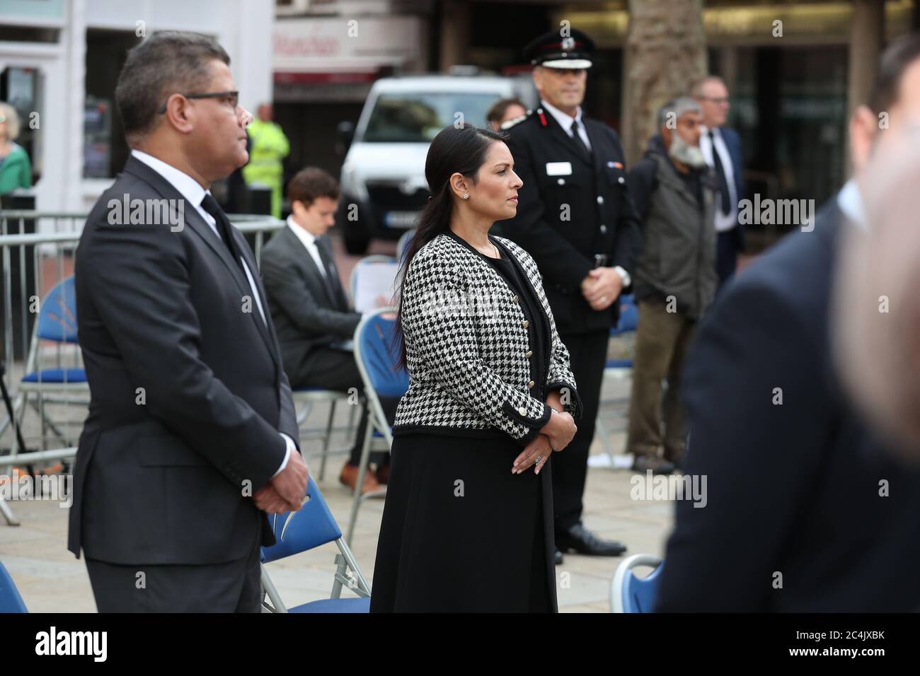 Home Secretary Priti Patel during a vigil in memory of David Wails, Joseph Ritchie-Bennett and James Furlong, who were killed in the Reading terror attack in Forbury Gardens in the town centre, shortly before 7pm on June 20. Stock Photo