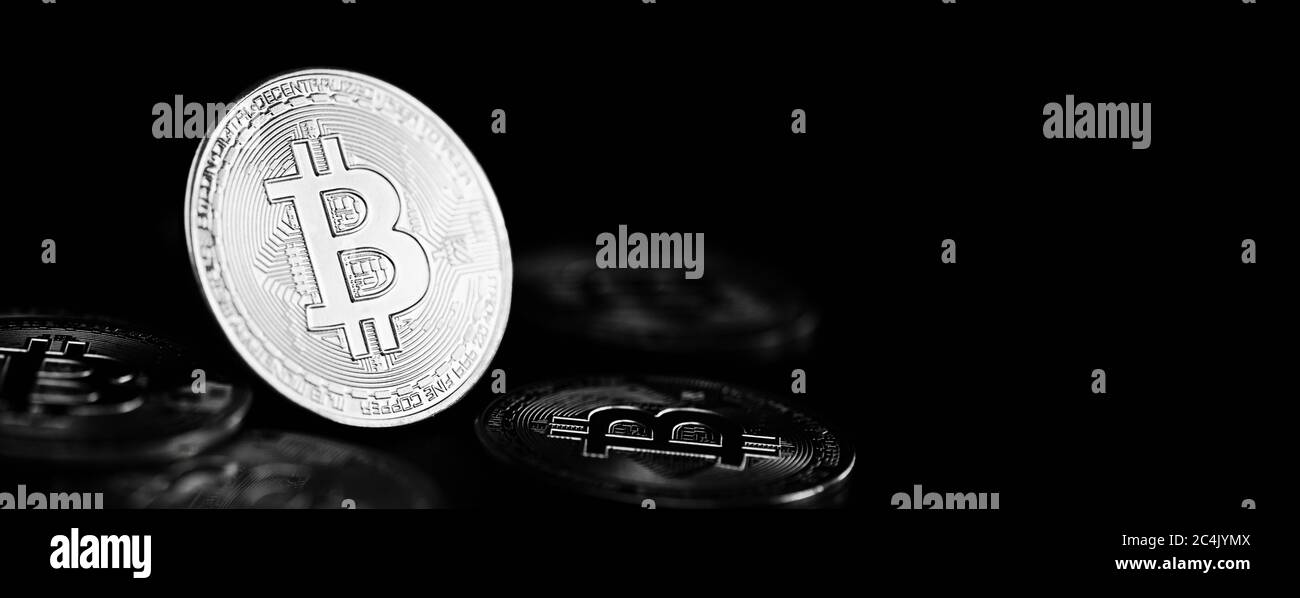 Bitcoin cryptocurrency coin stack. Blockchain transfer concept. Internet banner with copy space. Stock Photo