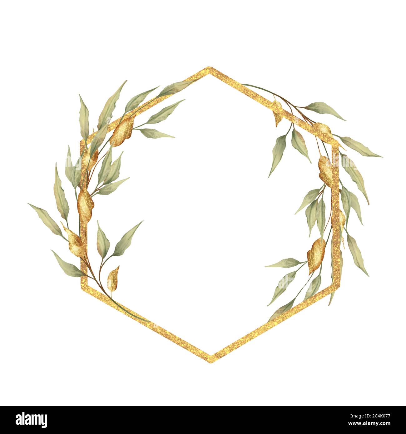Watercolor green leaves and gold geometric frame Stock Photo - Alamy