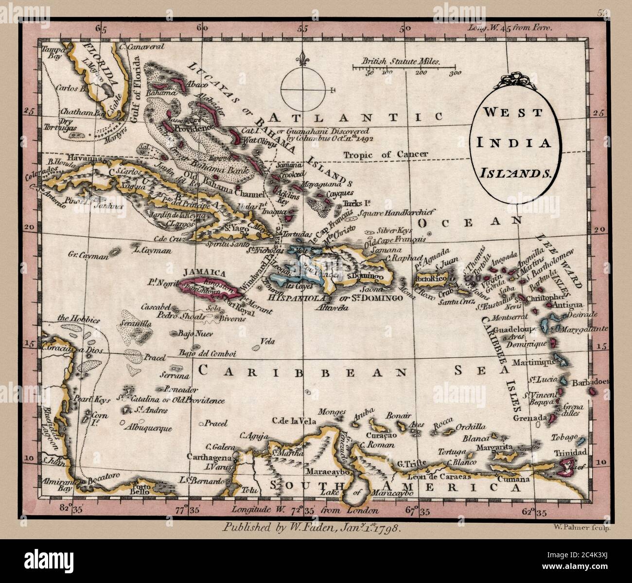 'West India Islands.' Map shows islands and important landmarks of the Caribbean Sea. This is a beautifully detailed historic map reproduction. Original from a British atlas published by famed cartographer William Faden was created circa 1798. Stock Photo