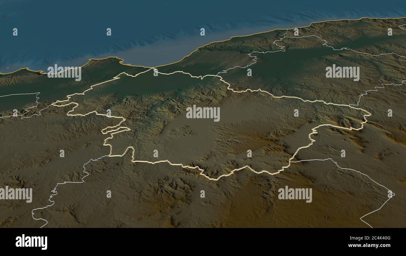 Zoom in on Mascara (province of Algeria) outlined. Oblique perspective