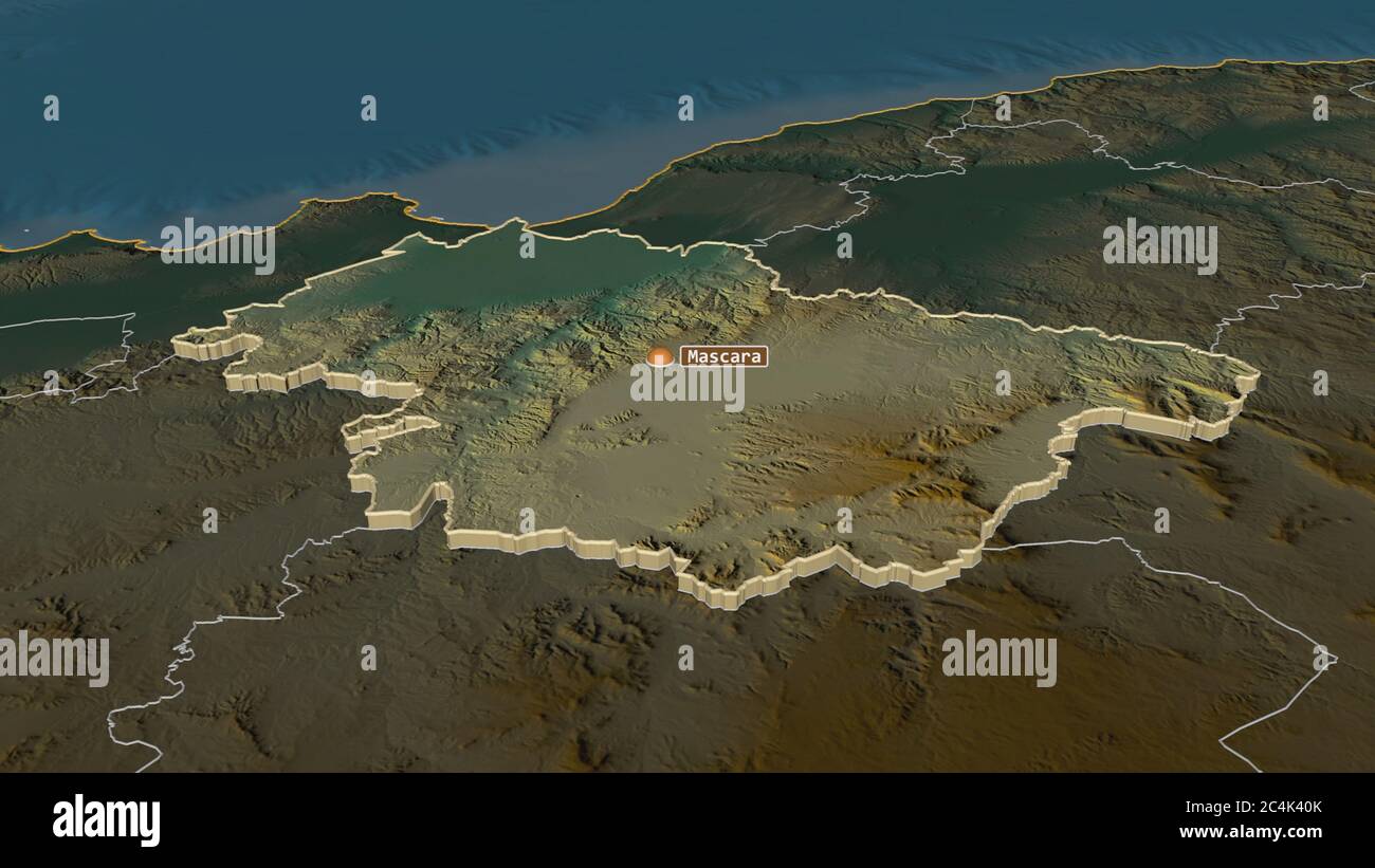 in on Mascara of Algeria) extruded. Oblique perspective. Topographic relief map with surface waters. 3D rendering Stock Photo - Alamy