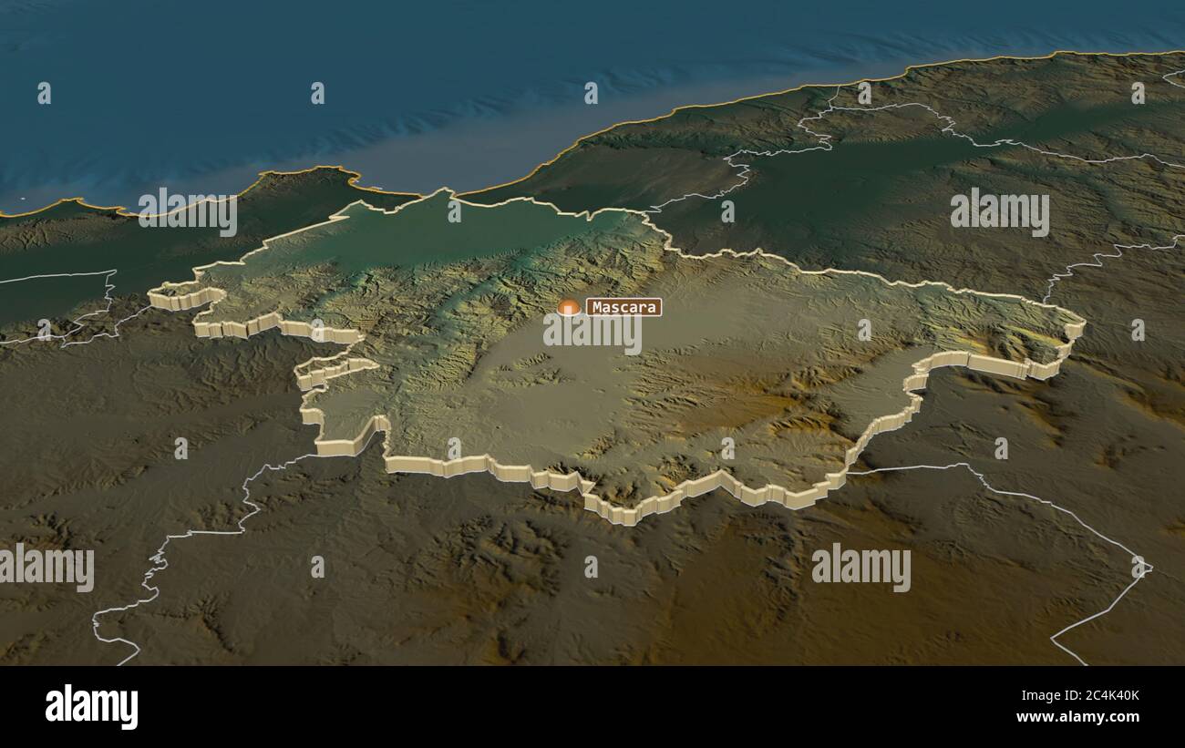 Zoom in on Mascara (province of Algeria) extruded. Oblique perspective