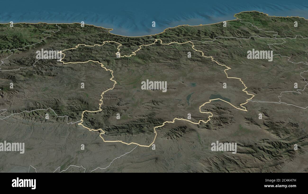 Zoom in on Sétif (province of Algeria) outlined. Oblique perspective ...