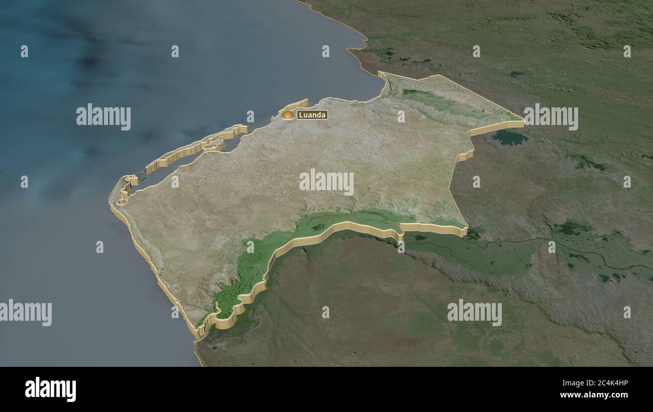 Zoom in on Luanda (province of Angola) extruded. Oblique perspective. Satellite imagery. 3D rendering Stock Photo