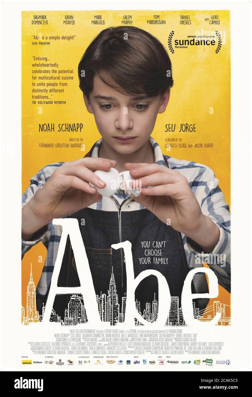 Abe (2019) directed by Fernando Grostein Andrade and starring Noah Schnapp, Seu Jorge, Dagmara Dominczyk and Salem Murphy. A boy tries to unite the Israli and Palestinian parts of his family through his cooking. Stock Photo