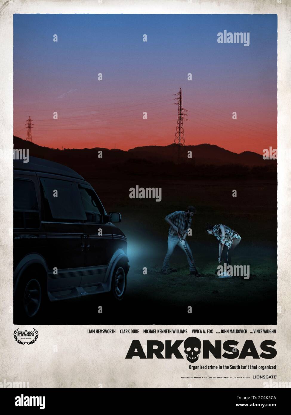 Arkansas (2020) directed by Clark Duke and starring Liam Hemsworth, Vince Vaughn, Clark Duke, John Malkovich and Michael Kenneth Williams. Thriller about drug dealers trying to expand their share in a dog eat dog world. Stock Photo