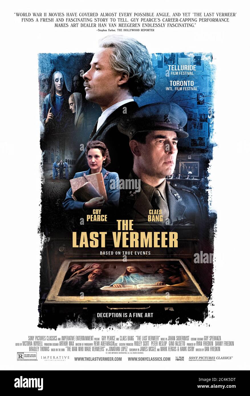 The Last Vermeer (2019) directed by Dan Friedkin and starring Daan Aufenacker, Claes Bang, Guy Pearce and Mark Behan. An artist is arrested on suspition of selling a Vermeer painting to the Nazis, based on Jonathan Lopez's book The Man Who Made Vermeers. Release delayed due to the Covid19 pandemic. Stock Photo