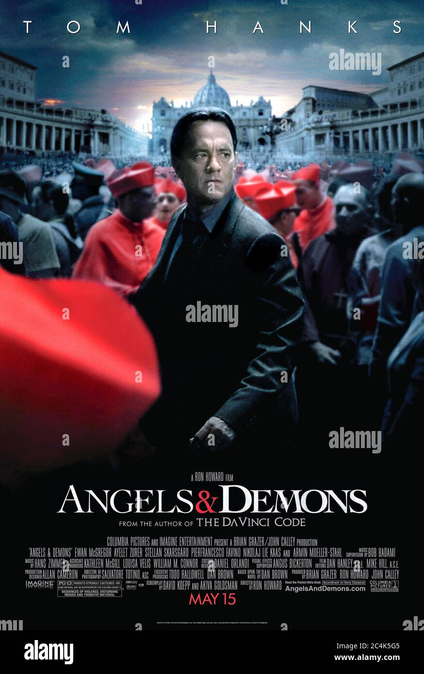 Angels & Demons (2009) directed by Ron Howard and starring Tom Hanks, Ewan McGregor, Ayelet Zurer and Stellan Skarsgård. Robert Langdon returns to investigate the Illuminati and prevent an assassin killing members of the Catholic church. Stock Photo