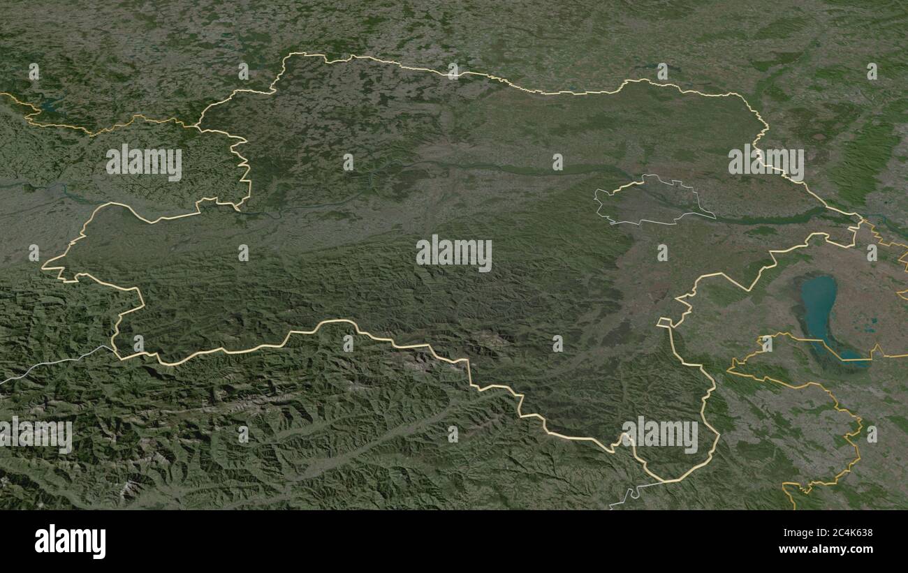 Zoom in on Niederösterreich (state of Austria) outlined. Oblique perspective. Satellite imagery. 3D rendering Stock Photo