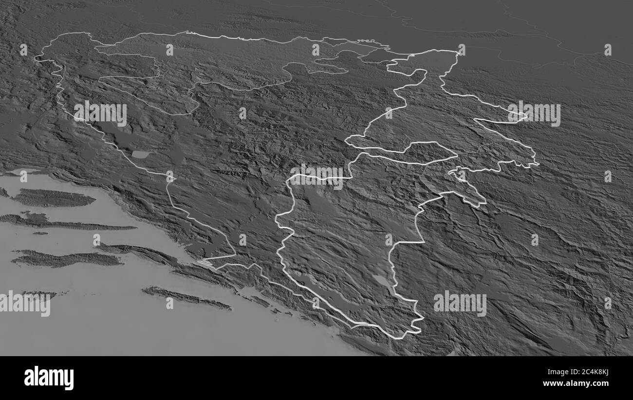 Zoom in on Repuplika Srpska (entity of Bosnia and Herzegovina) outlined. Oblique perspective. Bilevel elevation map with surface waters. 3D rendering Stock Photo