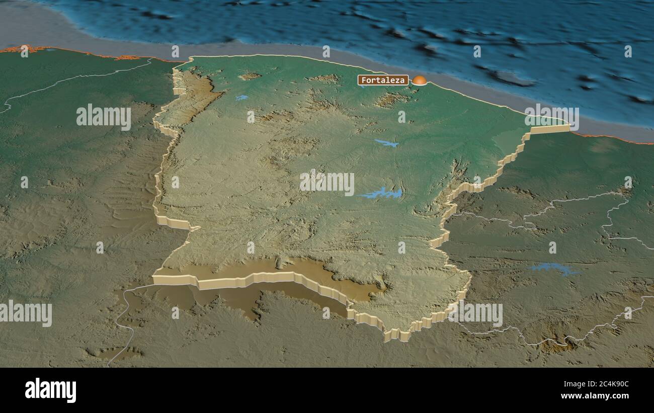 Zoom in on Ceará (state of Brazil) extruded. Oblique perspective. Topographic relief map with surface waters. 3D rendering Stock Photo