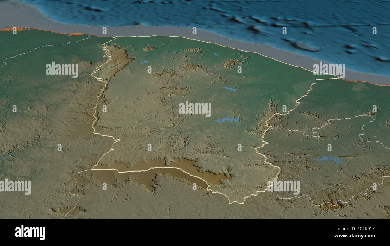 Zoom in on Ceará (state of Brazil) outlined. Oblique perspective. Topographic relief map with surface waters. 3D rendering Stock Photo
