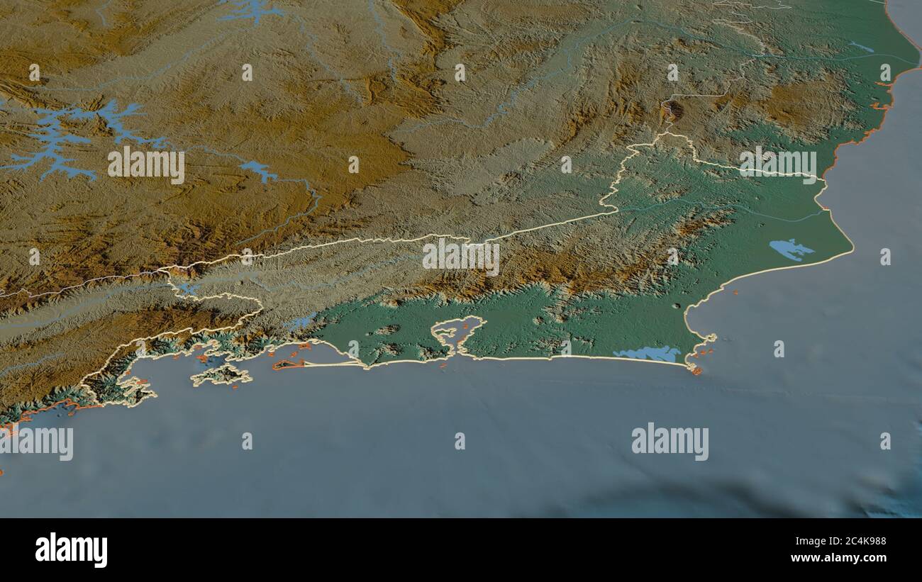 Rio De Janeiro Topography Zoom In On Rio De Janeiro (State Of Brazil) Outlined. Oblique Perspective.  Topographic Relief Map With Surface Waters. 3D Rendering Stock Photo - Alamy