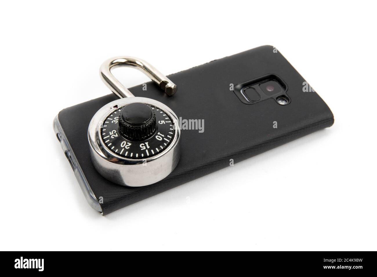 an open unlocked padlock on a smartphone signifying device security risk Stock Photo