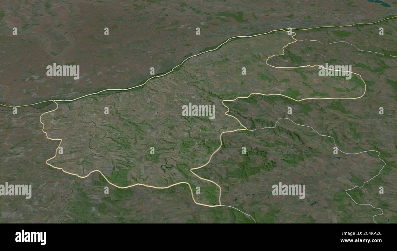 Zoom in on Ruse (province of Bulgaria) outlined. Oblique perspective. Satellite imagery. 3D rendering Stock Photo