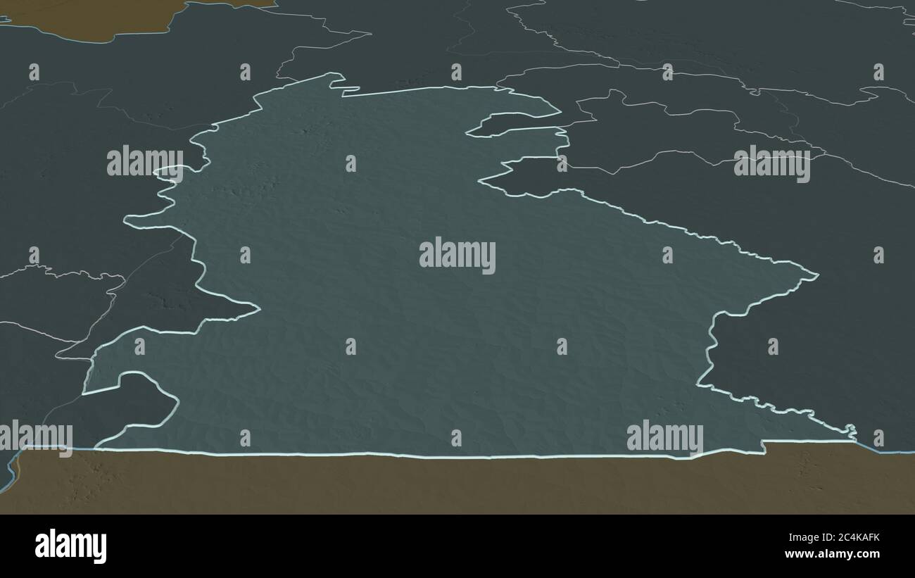Zoom in on Centre-Ouest (region of Burkina Faso) outlined. Oblique