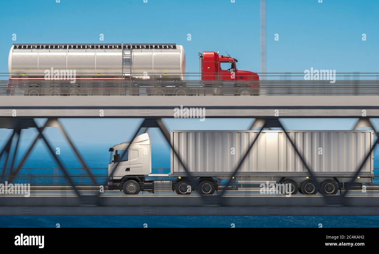 Side View of Double Decker Bridge with Commercial Vehicles Stock Photo