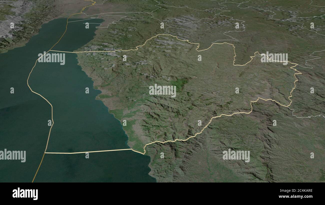 Zoom in on Bururi (province of Burundi) outlined. Oblique perspective. Satellite imagery. 3D rendering Stock Photo