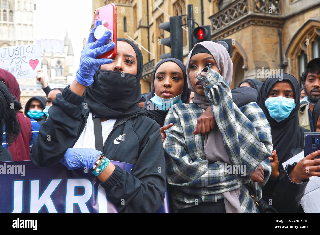 Central London, UK, 27th June, 2020:; Thousands of youg people marched from Hyde Park to Parliament Square and central London, Shukri Yahye-Abdi drowned in the river Irwell and police are still looking into her cause of death, petitions have been sent to Mayor of Manchester Andy Burnham with over 6000 signatures to look into what many believe to be a racist attack: Credit Natasha Quarmby/ALAMY Live News Stock Photo