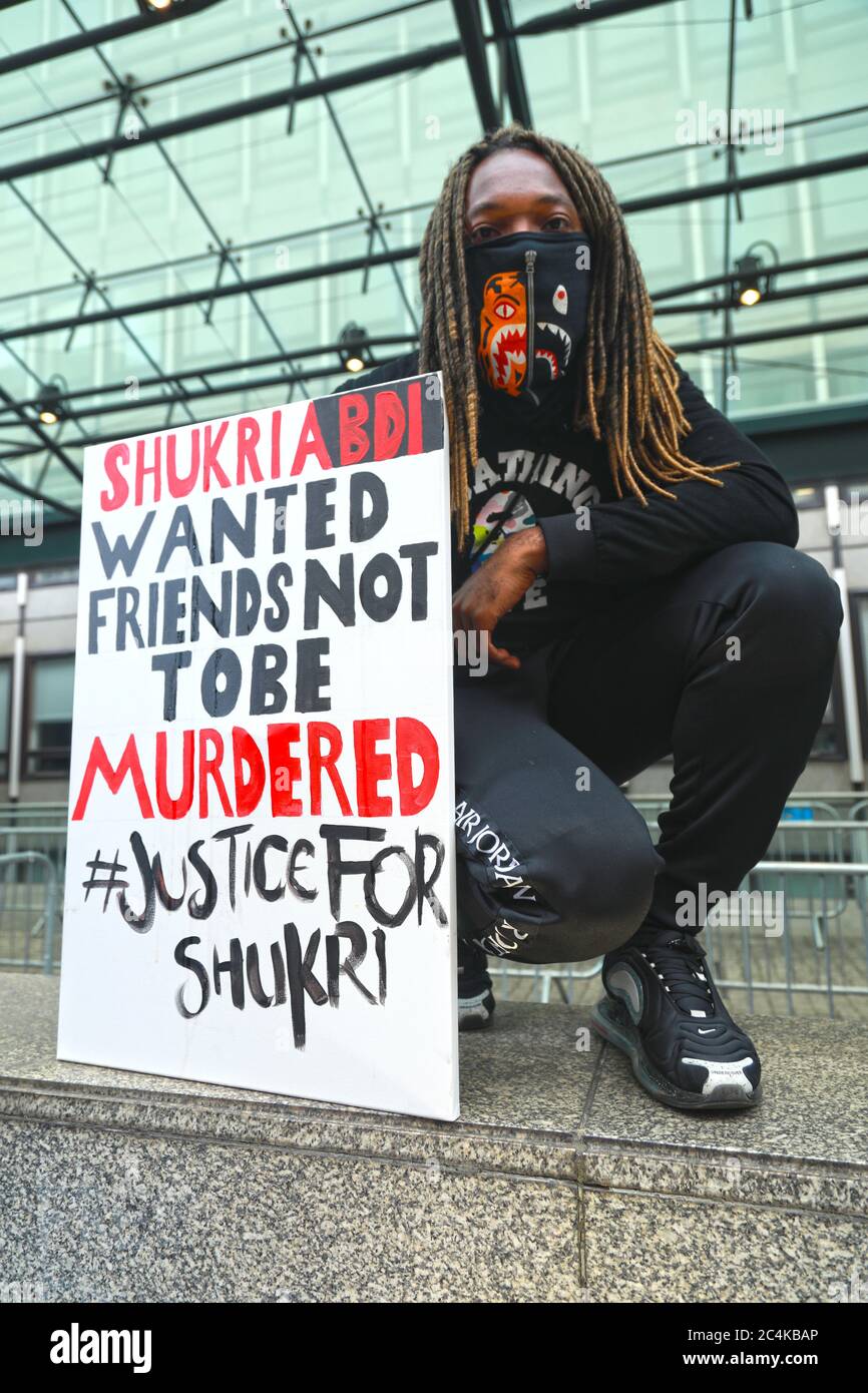 Central London, UK, 27th June, 2020:; Thousands of youg people marched from Hyde Park to Parliament Square and central London, Shukri Yahye-Abdi drowned in the river Irwell and police are still looking into her cause of death, petitions have been sent to Mayor of Manchester Andy Burnham with over 6000 signatures to look into what many believe to be a racist attack: Credit Natasha Quarmby/ALAMY Live News Stock Photo