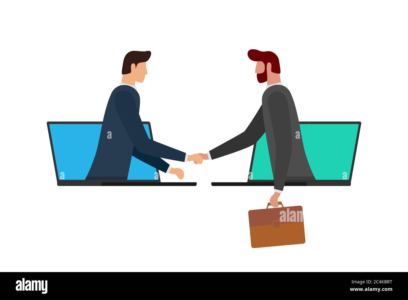Two businessman make deal on distance and shaking hands on laptop screens. Web online business agreement communication conference concept. Virtual handshake cooperation vector flat eps illustration Stock Vector