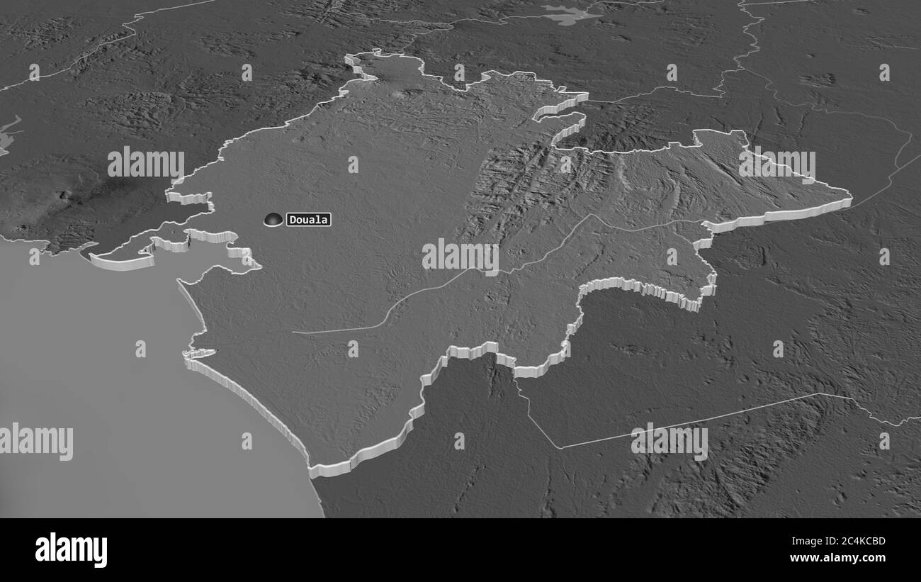 Zoom in on Littoral (region of Cameroon) extruded. Oblique perspective ...