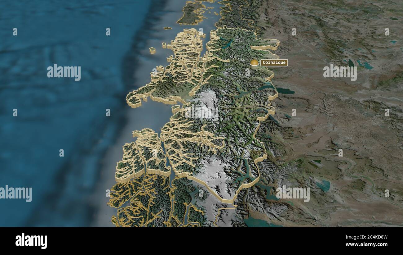 Zoom in on Aisén del General Carlos Ibáñez del Campo (region of Chile) extruded. Oblique perspective. Satellite imagery. 3D rendering Stock Photo