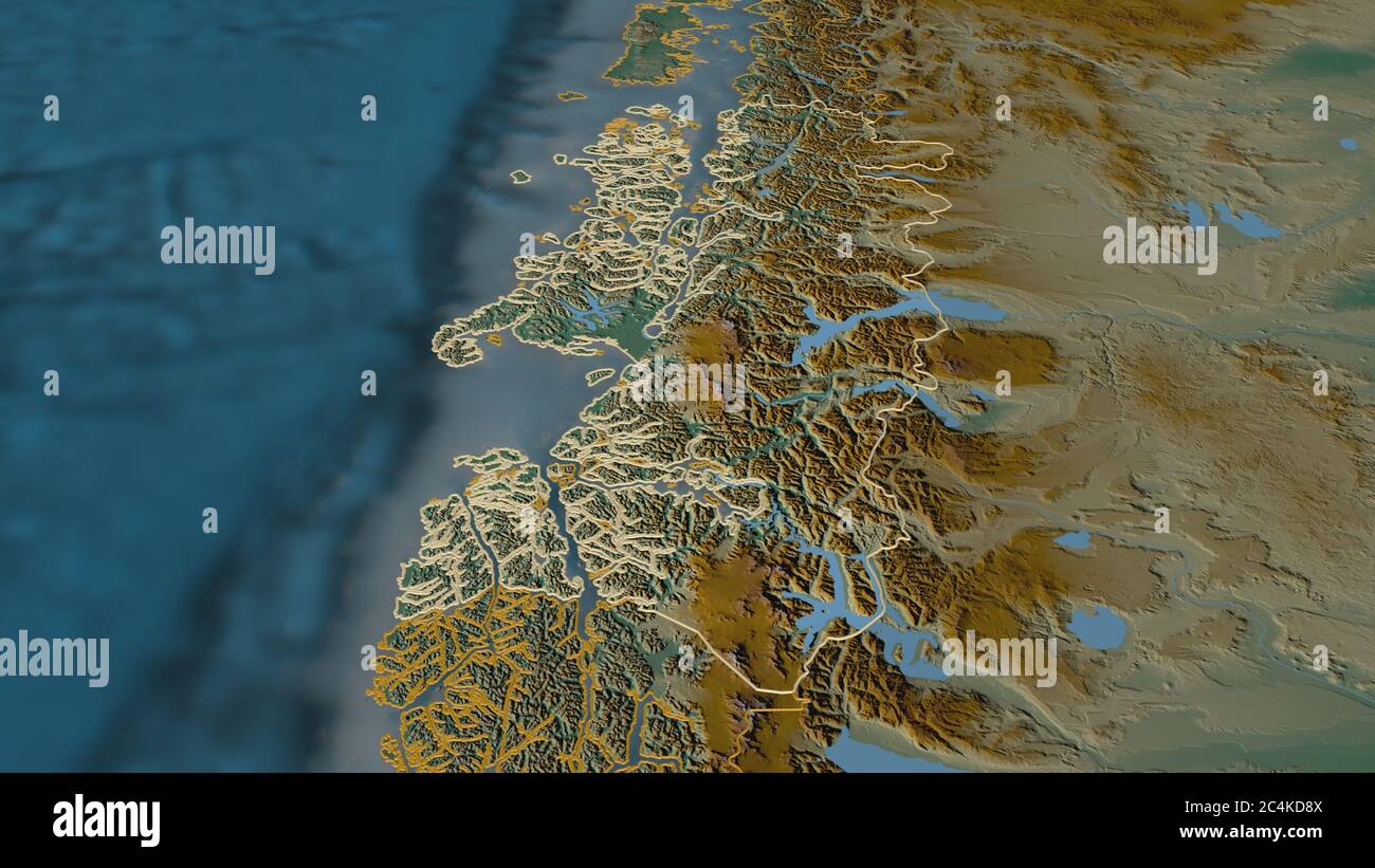 Zoom in on Aisén del General Carlos Ibáñez del Campo (region of Chile) outlined. Oblique perspective. Topographic relief map with surface waters. 3D r Stock Photo