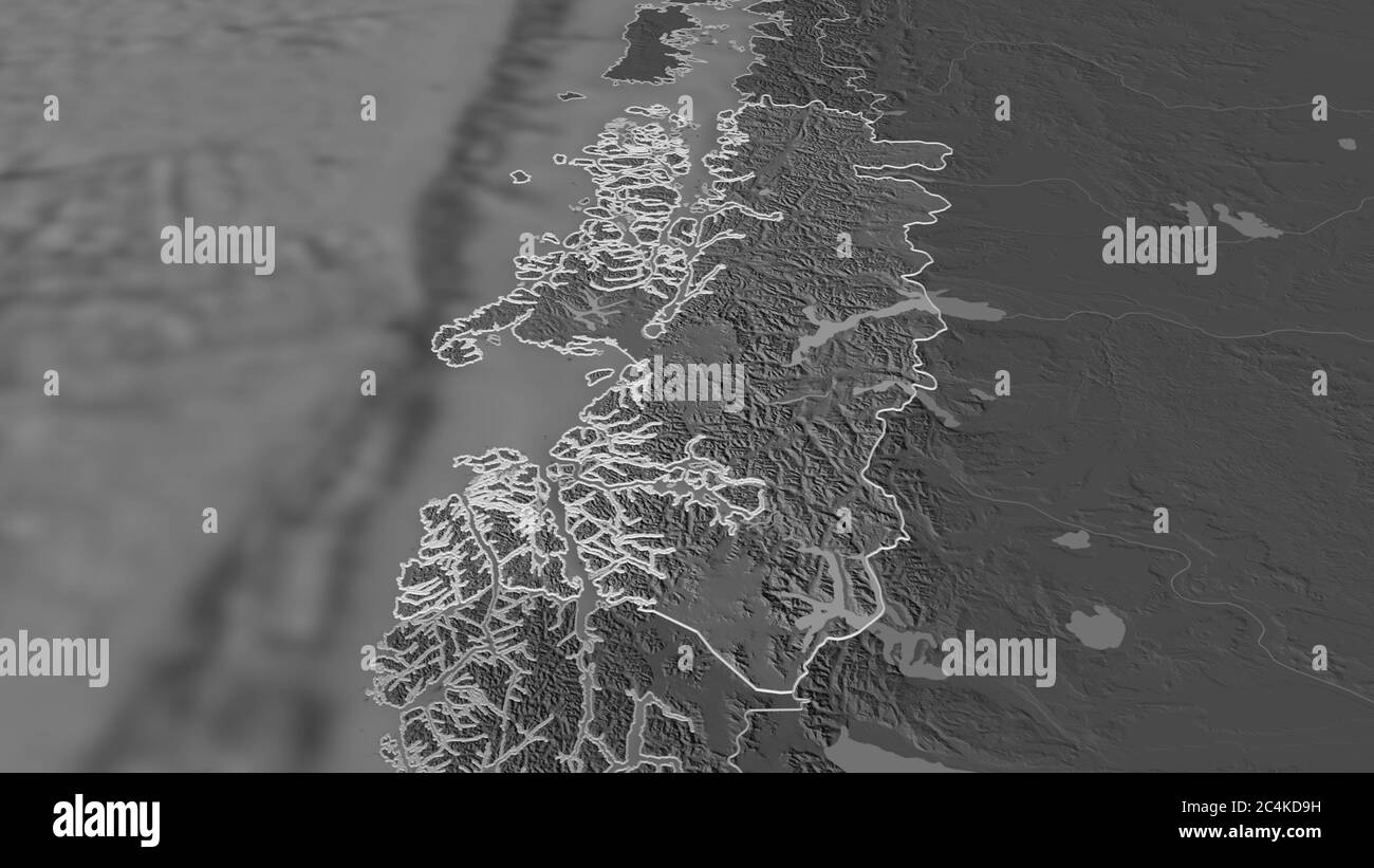 Zoom in on Aisén del General Carlos Ibáñez del Campo (region of Chile) outlined. Oblique perspective. Bilevel elevation map with surface waters. 3D re Stock Photo