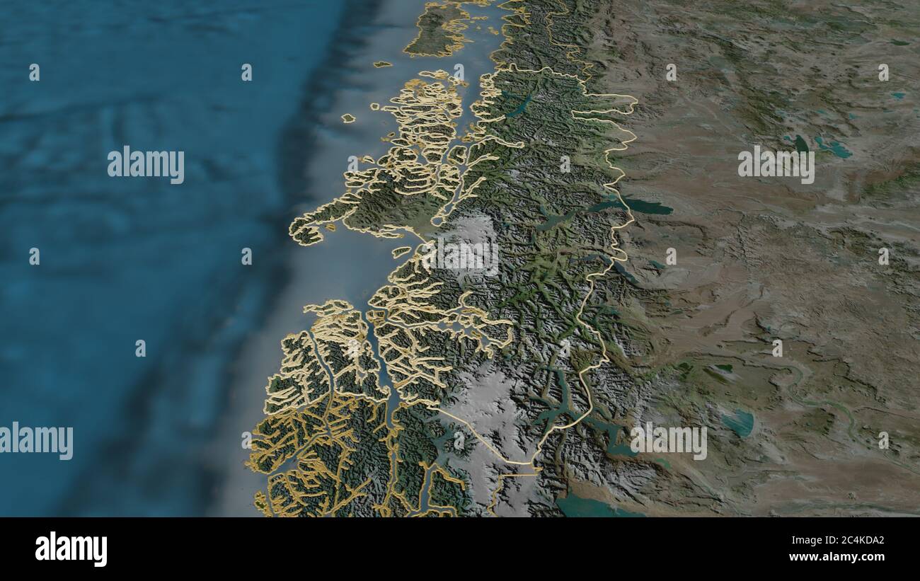Zoom in on Aisén del General Carlos Ibáñez del Campo (region of Chile) outlined. Oblique perspective. Satellite imagery. 3D rendering Stock Photo