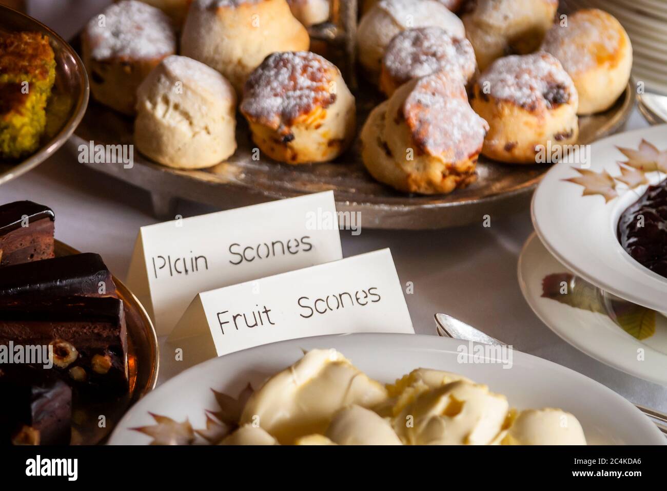 Scones, which are bursting with baking powder and stuck to the palate. Endsleigh Hotel in West Devon, England Stock Photo