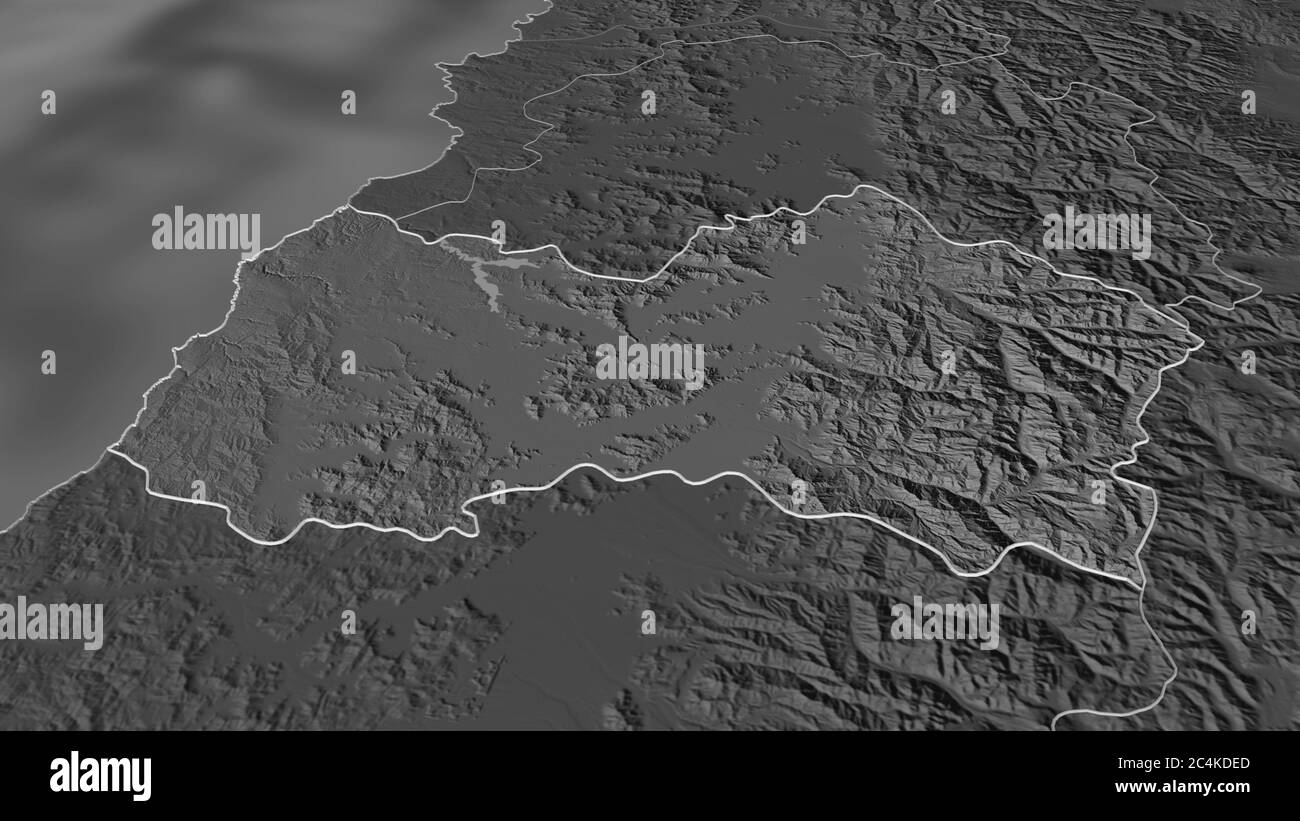 Zoom in on Libertador General Bernardo O'Higgins (region of Chile) outlined. Oblique perspective. Bilevel elevation map with surface waters. 3D render Stock Photo