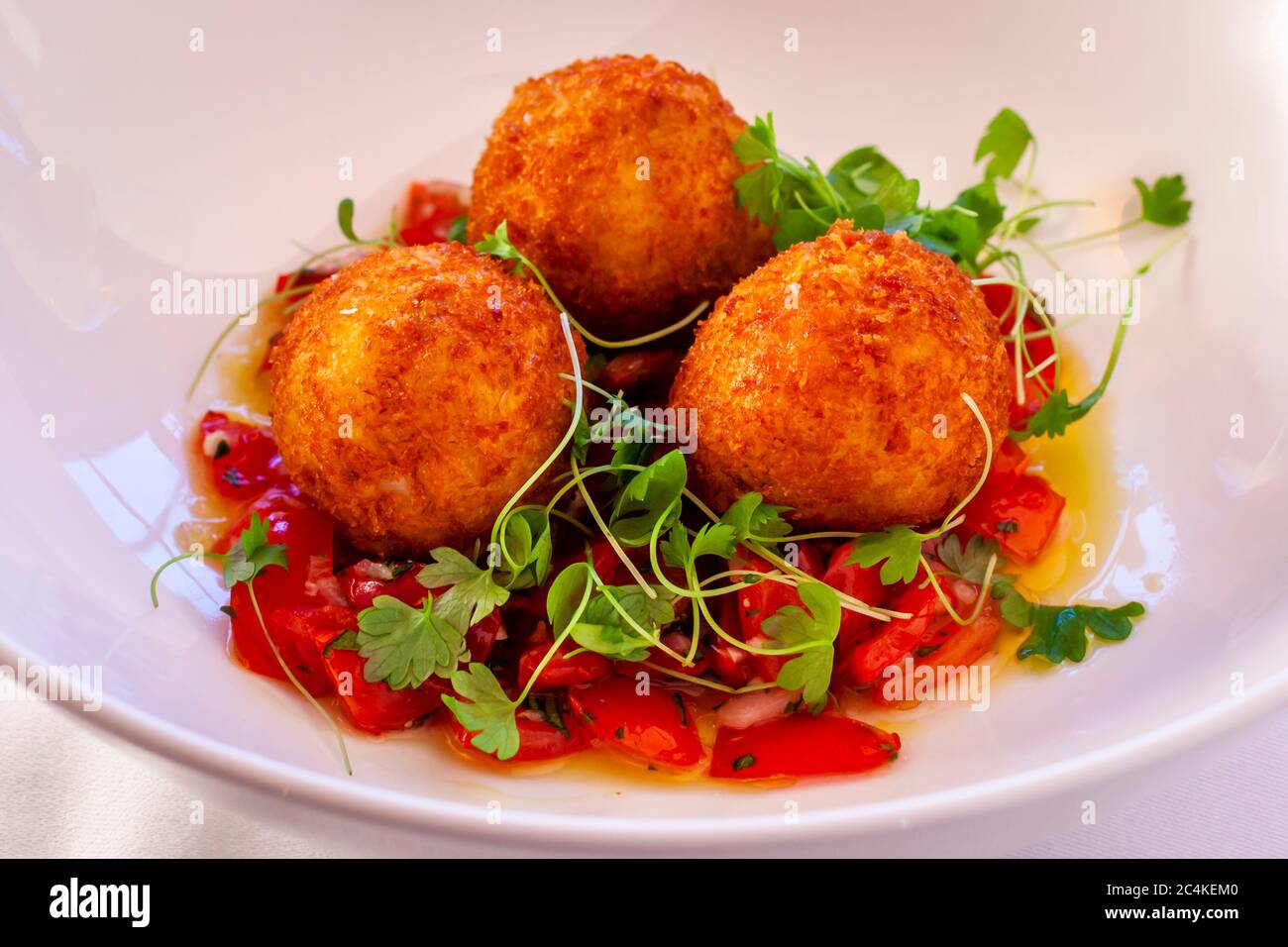 Gourmet Dish Cod croquette with Vierge sauce Stock Photo Alamy