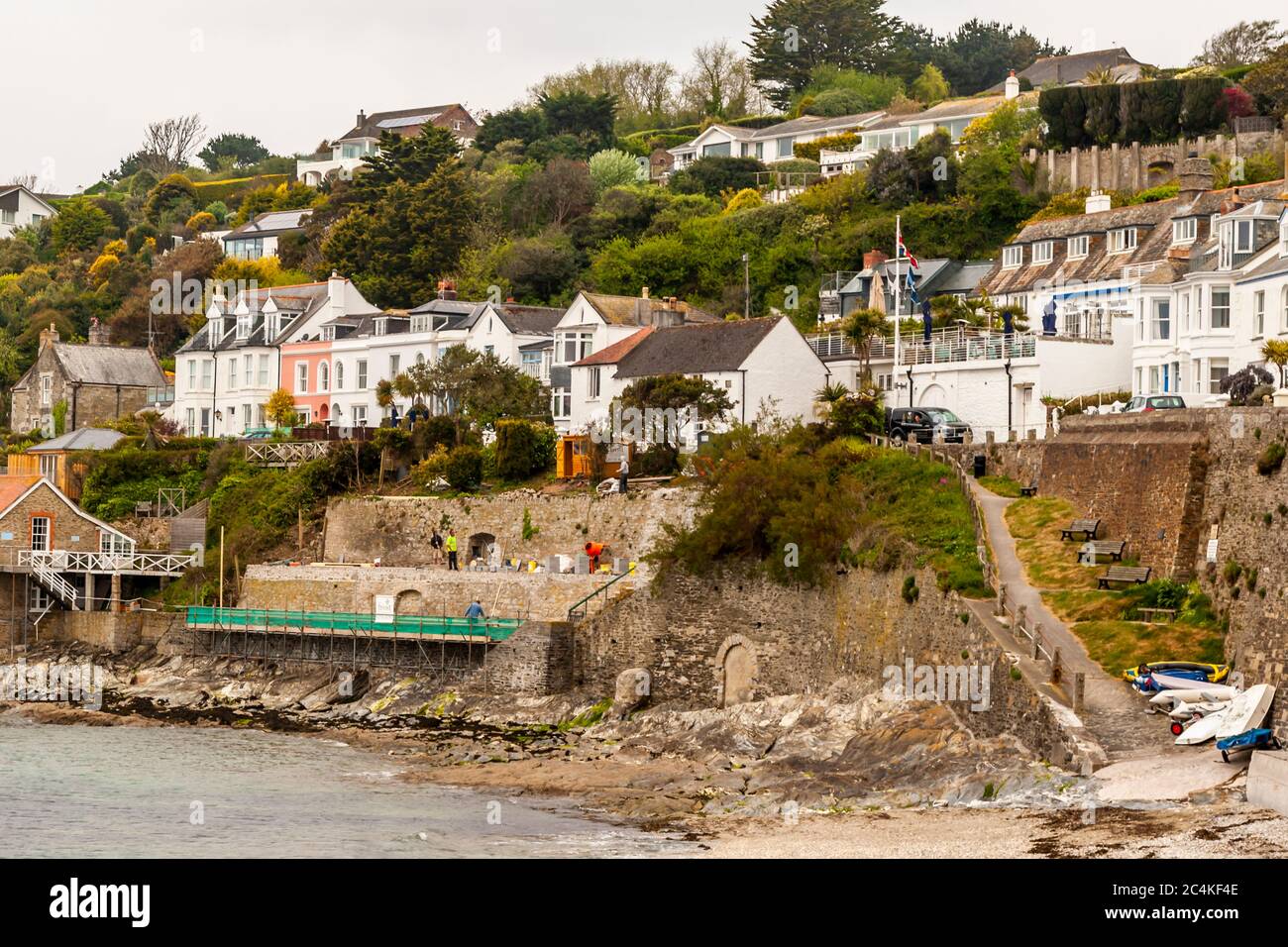 Tresanton Hotel with the buildings built into the hillside and the new Beach Club under construction in St. Mawes, England, UK Stock Photo