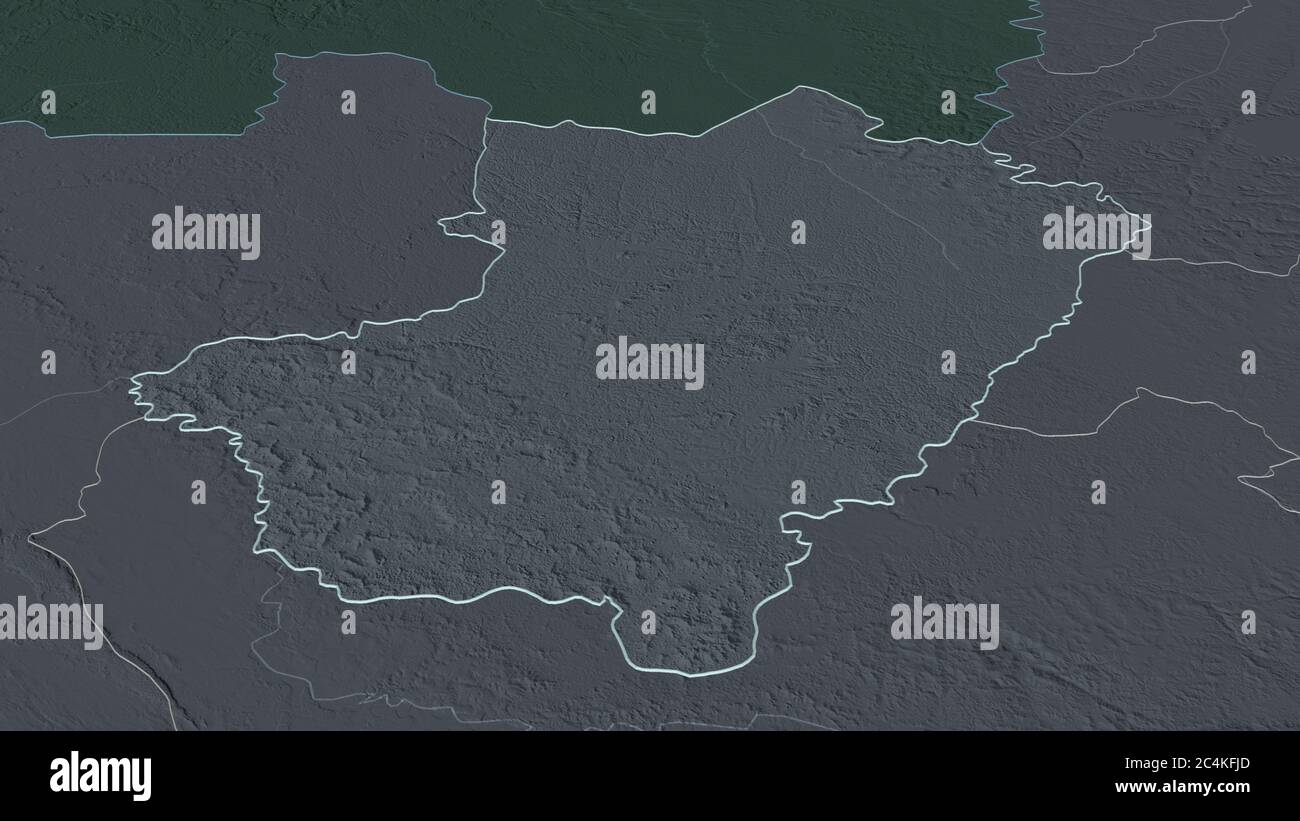 Zoom in on Lékoumou (region of Republic of Congo) outlined. Oblique perspective. Colored and bumped map of the administrative division with surface wa Stock Photo