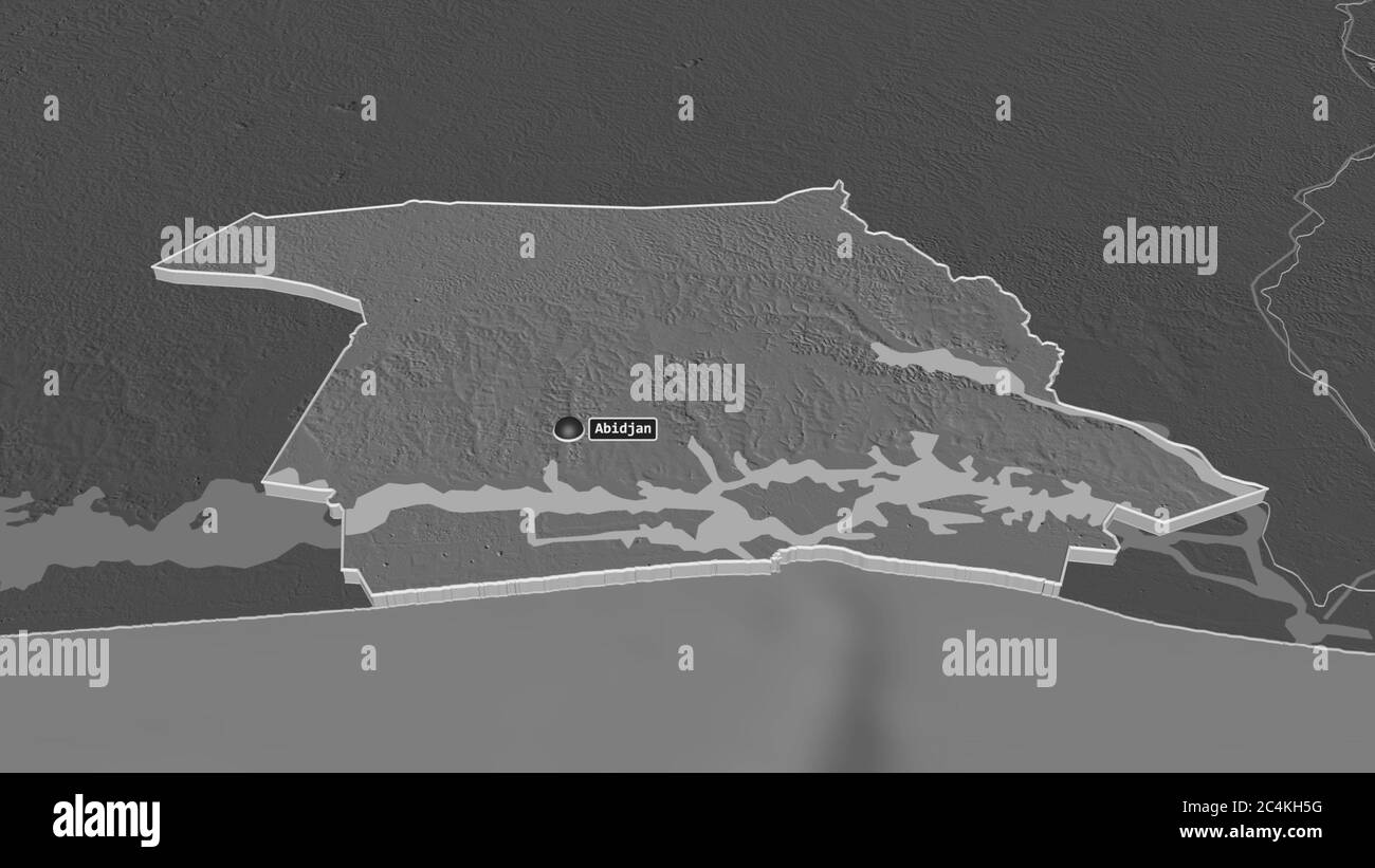 Zoom in on Abidjan (autonomous district of Côte d'Ivoire) extruded. Oblique perspective. Bilevel elevation map with surface waters. 3D rendering Stock Photo