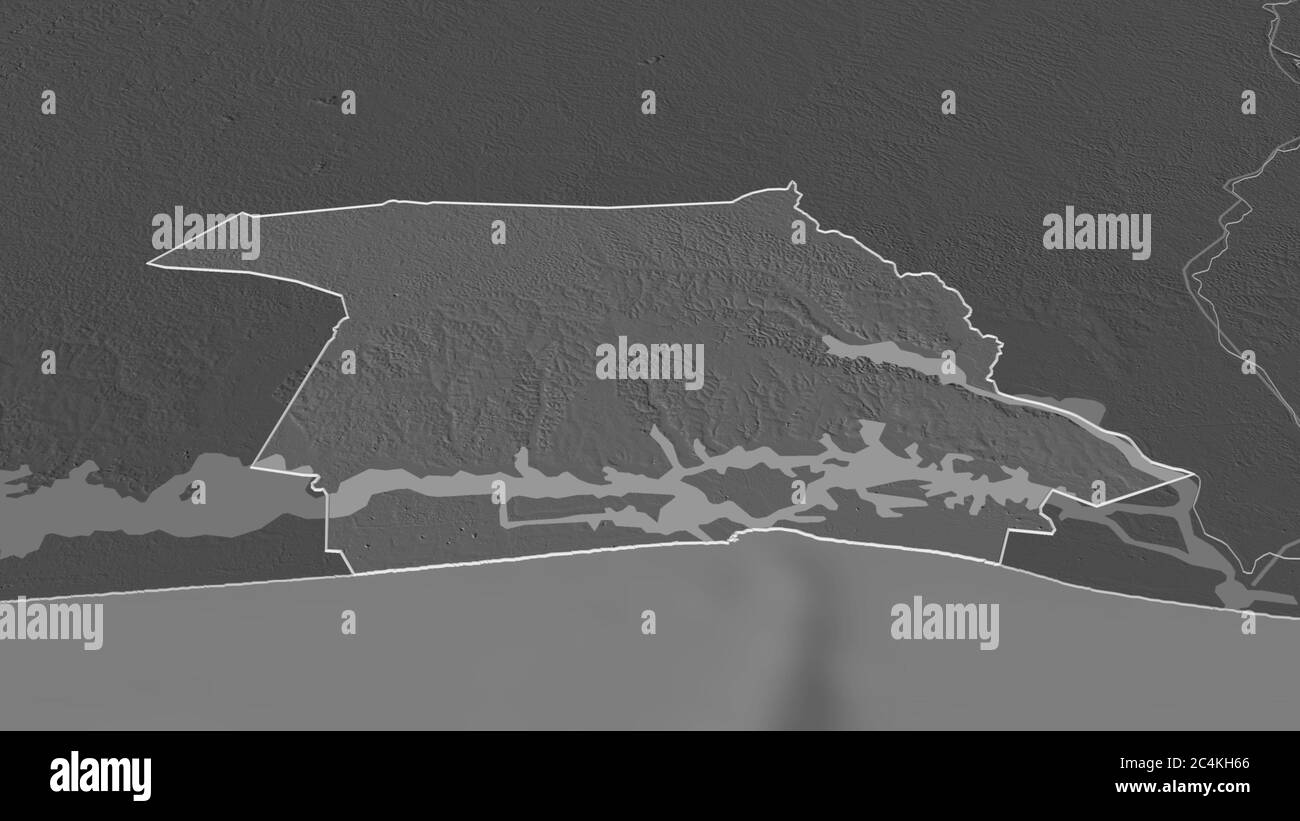 Zoom in on Abidjan (autonomous district of Côte d'Ivoire) outlined. Oblique perspective. Bilevel elevation map with surface waters. 3D rendering Stock Photo