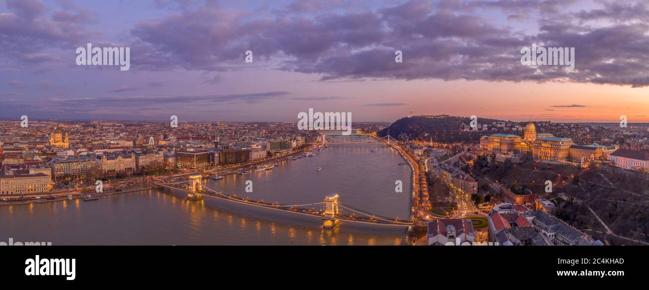 Panoramic aerial drone shot of Buda castle on hill Chain Bridge during ...