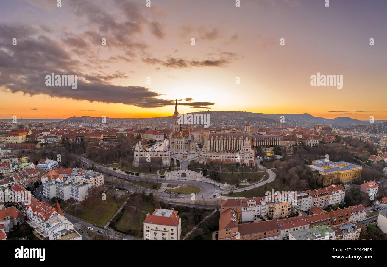 Aerial drone shot of Fisherman's Bastion on Buda Hill in Budapest ...