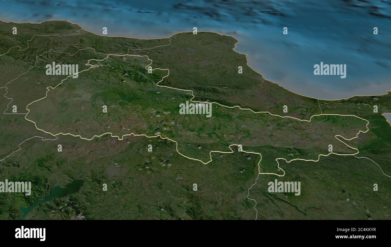 Zoom in on Duarte (province of Dominican Republic) outlined. Oblique