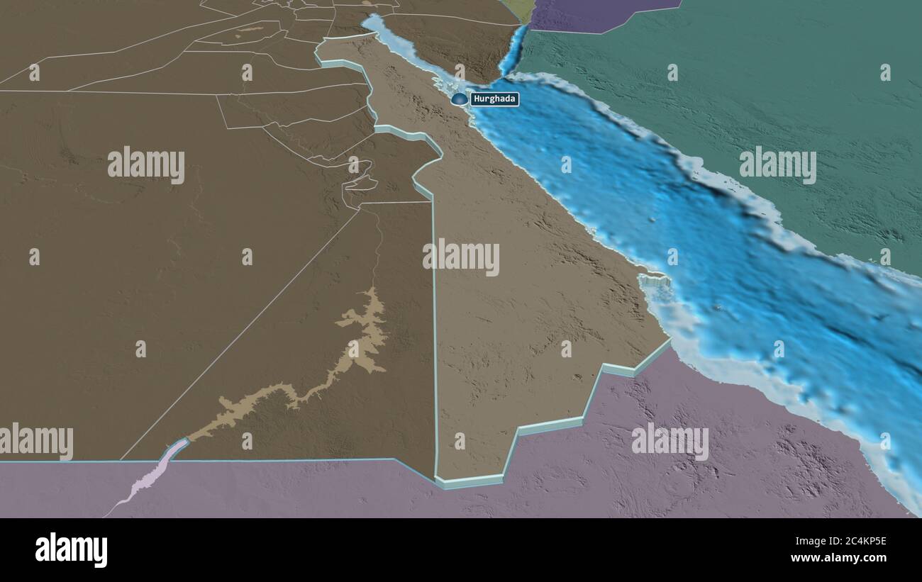 Zoom in on Al Bahr al Ahmar (governorate of Egypt) extruded. Oblique perspective. Colored and bumped map of the administrative division with surface w Stock Photo