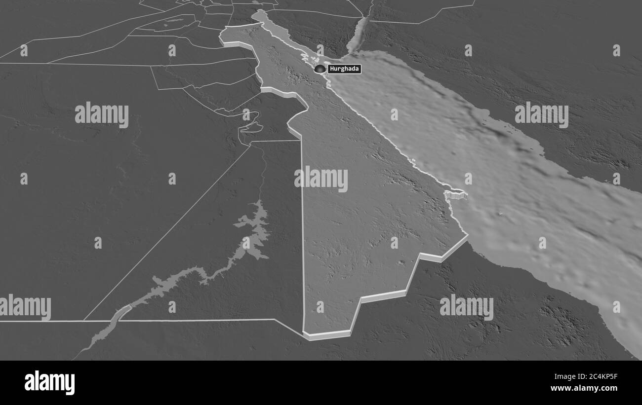 Zoom in on Al Bahr al Ahmar (governorate of Egypt) extruded. Oblique perspective. Bilevel elevation map with surface waters. 3D rendering Stock Photo