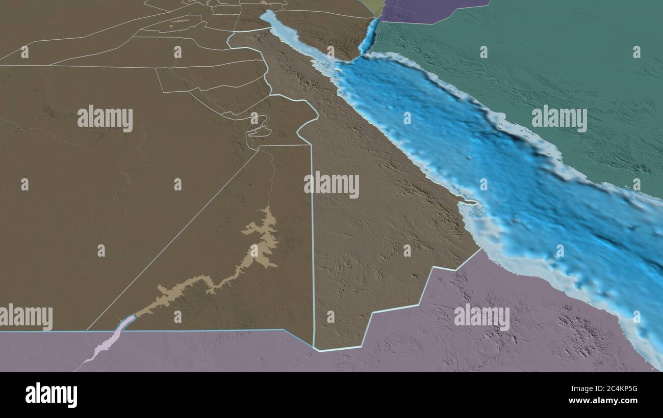 Zoom in on Al Bahr al Ahmar (governorate of Egypt) outlined. Oblique perspective. Colored and bumped map of the administrative division with surface w Stock Photo