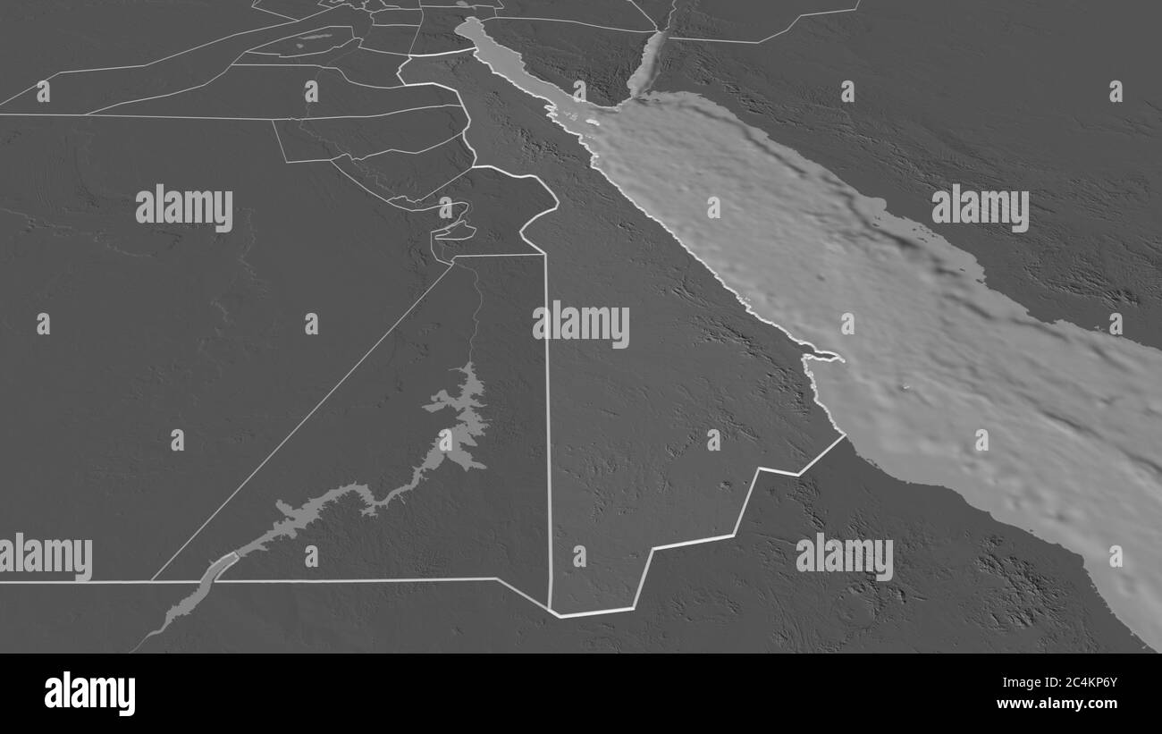 Zoom in on Al Bahr al Ahmar (governorate of Egypt) outlined. Oblique perspective. Bilevel elevation map with surface waters. 3D rendering Stock Photo